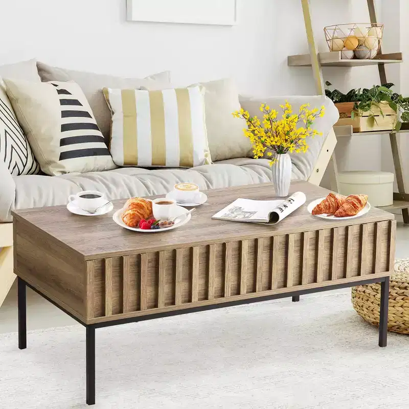 Lift Top Coffee Table with Hidden Storage, Teak Wood Finish, 43x22