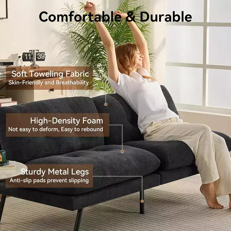 Dyonery 72 Convertible cushion sofa bed, movable cushions, adjustable back, plush fabric cushion sofa, modern folding sofa, living room