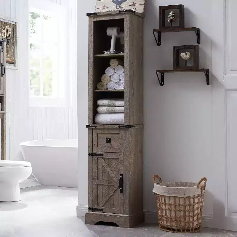Bathroom Storage Cabinet, Farmhouse Style with Adjustable Shelves & Drawer