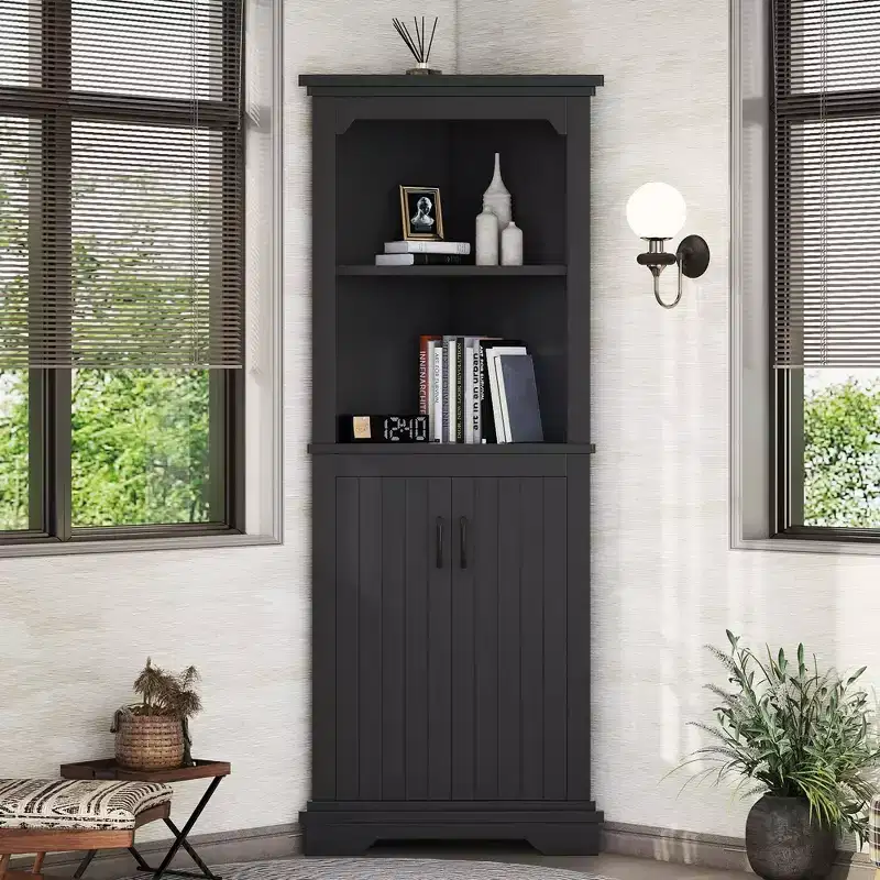 Okak Tall Freestanding Bookcase Bathroom Cabinet with 2 Doors & 2 Shelves,Floor Corner Storage Cabinet for Bathroom,Living Room