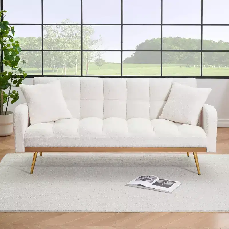 GDFStudio Smin Modern 69 Wooden Teddy Upholstered Sofa Bed with Adjustable Backrest