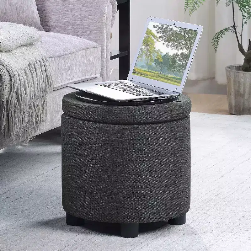 Wood & Faux Leather Round Storage Ottoman with Reversible Tray Lid 22''W x 16''H Dark Charcoal