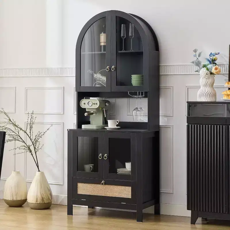 75-Inch Tall Arched Wood Kitchen Pantry Cabinet with Anti-Tipping Device and Innovative Drawer