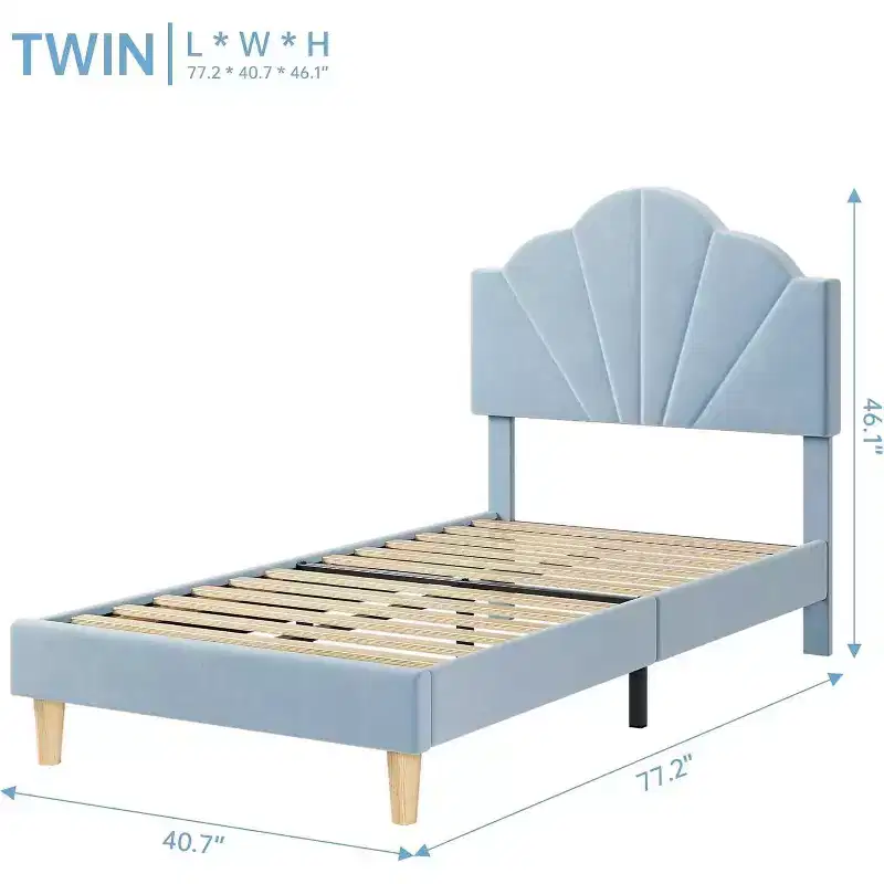 Acekool Twin Bed Frame, Velvet Upholstered Platform Bed with Adjustable Headboard, Wood Slats, Easy Assembly, No Box Spring, Light Blue