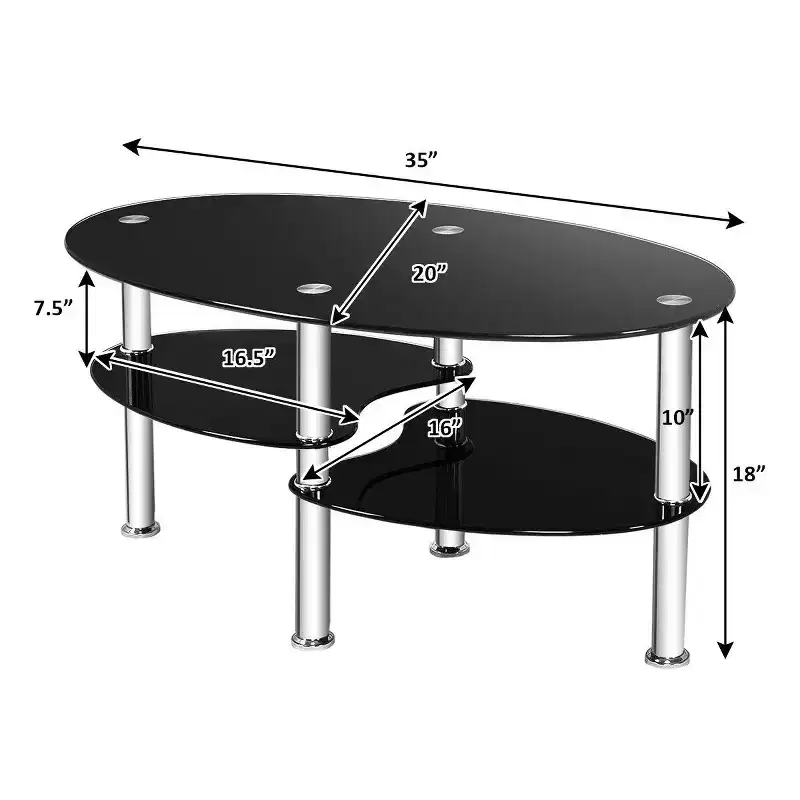 Tempered Glass Oval Coffee Table with Shelves