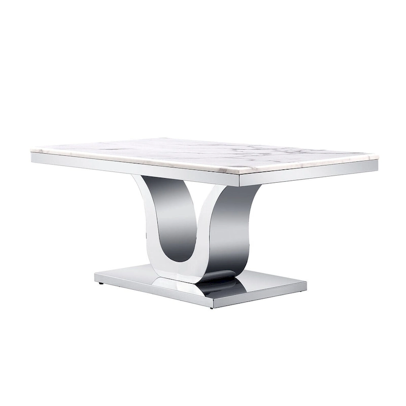 White Coffee Table with Stainless Steel Silver U Base and 48 smooth white textured top For Living Room