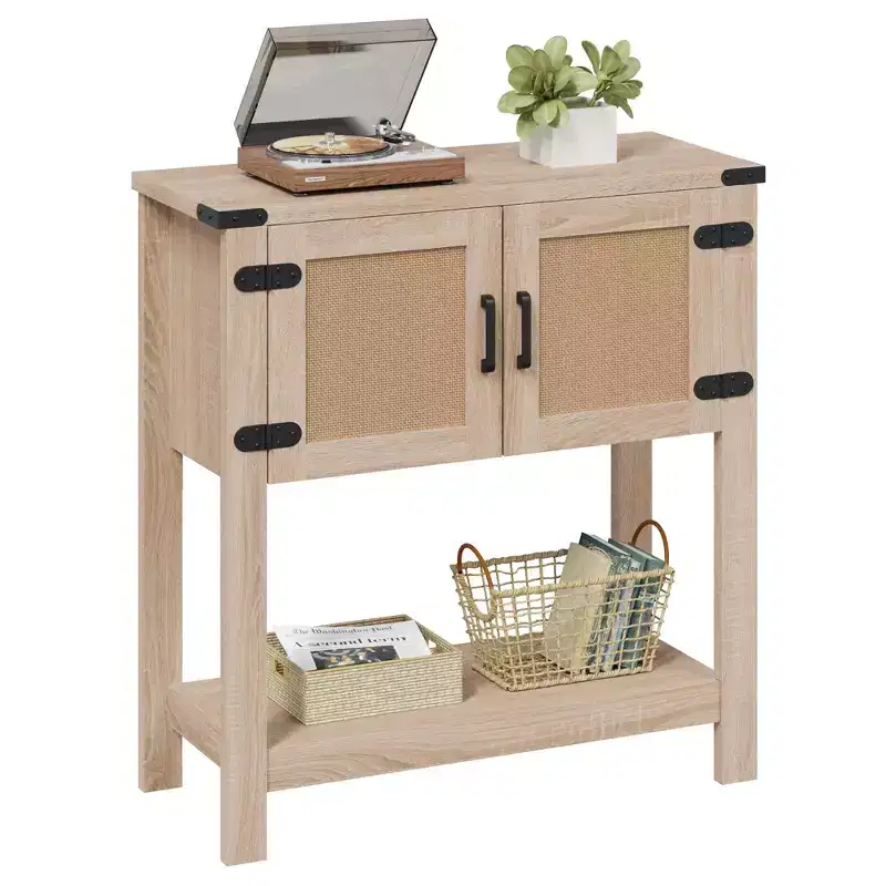 EROMMY Farmhouse Console Table with Rattan Doors, Entryway Table with Storage Cabinet, Entry Table with Large Storage Capacity for Kitchen, Hallway