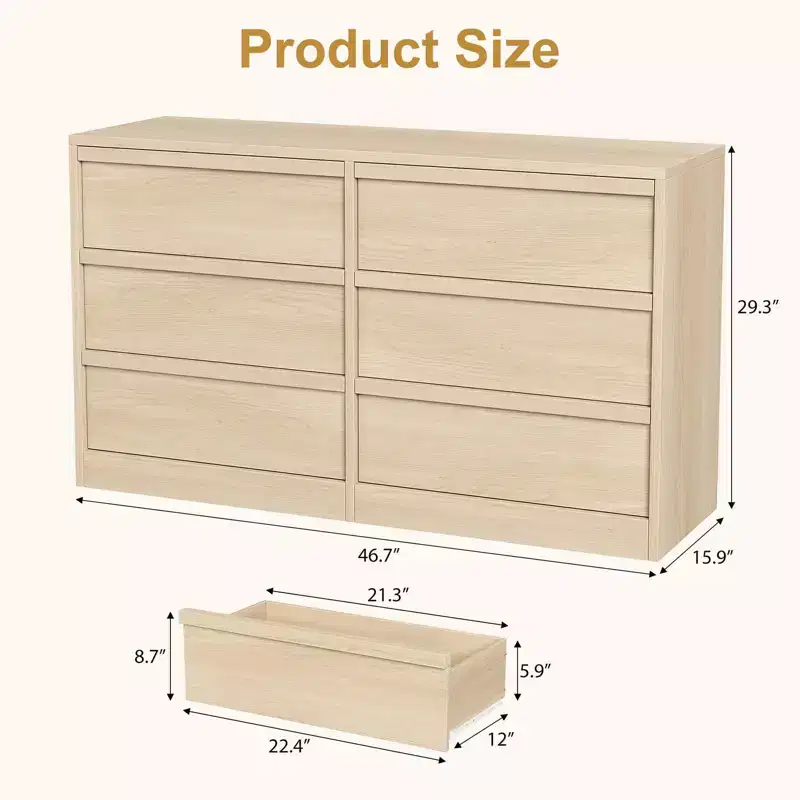 47in Wide Natural Oak 6 Drawer Dresser, Spacious Wooden Chest of Drawers with Large Storage Capacity, for Living Room, Entryway
