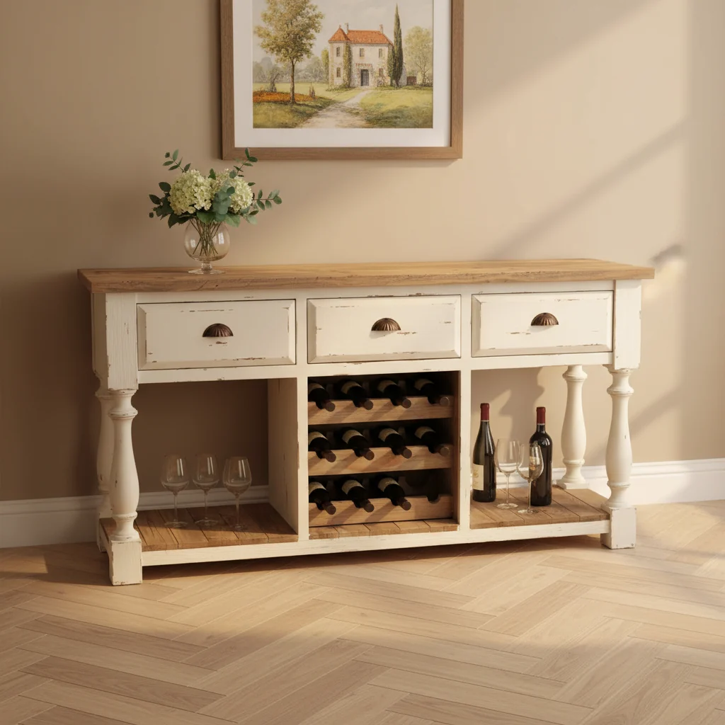 Farmhouse Console Wine Rack with Chalk White Finish and Natural Top