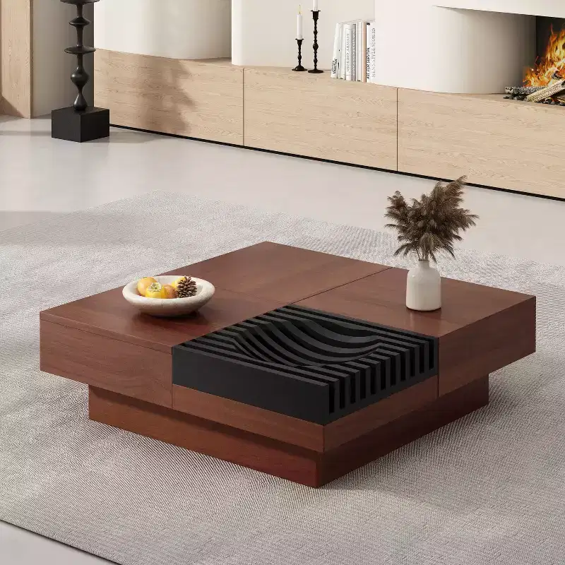 Italian Retro Style Acacia Wood Storage Coffee Table, Brown-black color