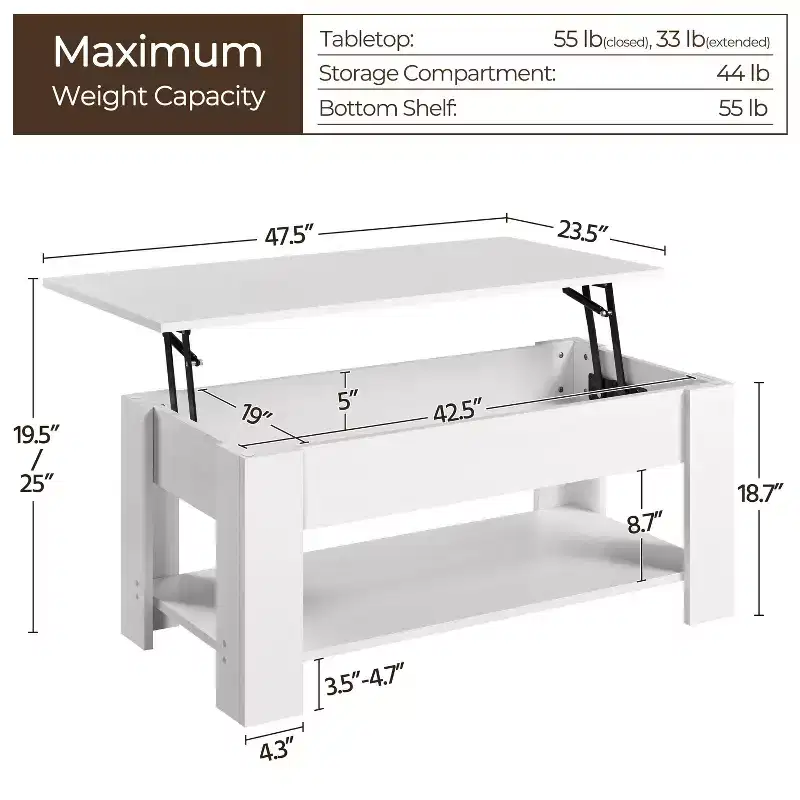 Lift Top Coffee Table with Hidden Compartment & Open Shelf For Living Room