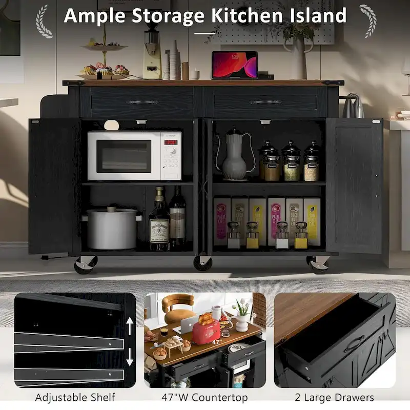 53.5 Farmhouse Kitchen Island Cart with Power Outlet, Drop Leaf, Spice Rack, and 2 Drawers, 5 Wheels