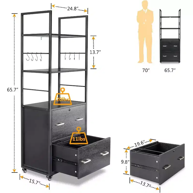 Tall 2 Drawer Locking File Cabinet with Shelves for Home Office, Black