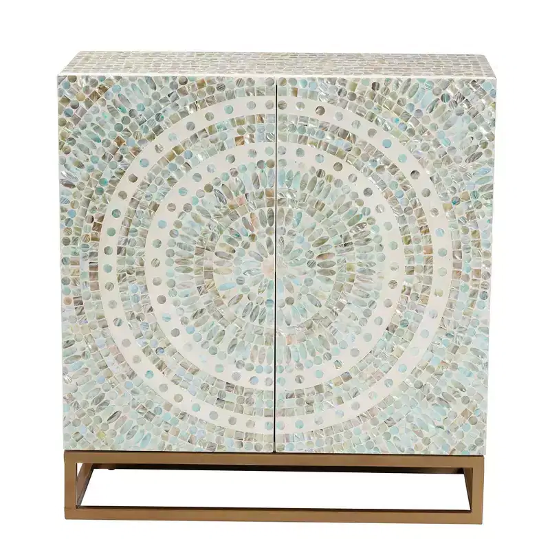 Baxton Studio Quintus Mother of Pearl and Metal Storage Cabinet Mosaic/White/Gold: Elegant Accent, Fixed Shelves, No Assembly Required