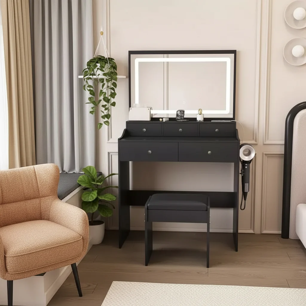 Makeup Vanity with Large 3-Color Adjustable Mirror, Desk with Power Outlet and Hair Dryer Holder