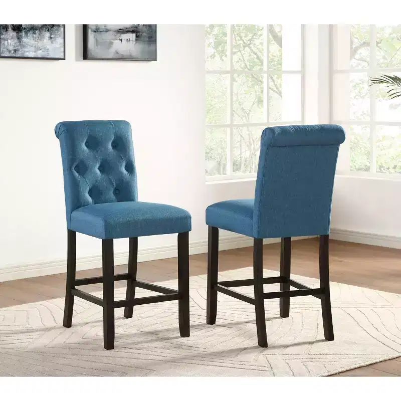 Roundhill Furniture Leviton Solid Wood Tufted Asons Counter Height Stool, Blue, Set of 2
