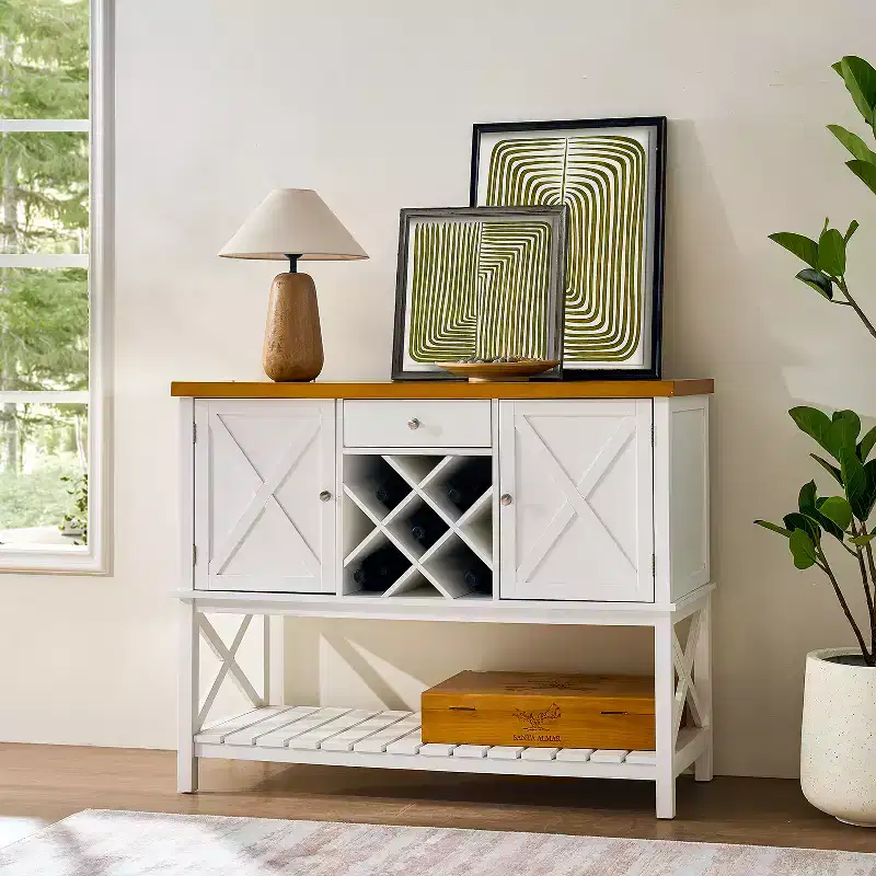 47 Wine Bar Cabinet Coffee Bar Cabinet with Wine Rack &Drawer Farmhouse Kitchen Buffet Cabinet with 2 Door &Bottom Shelf for Dining Room Living Room