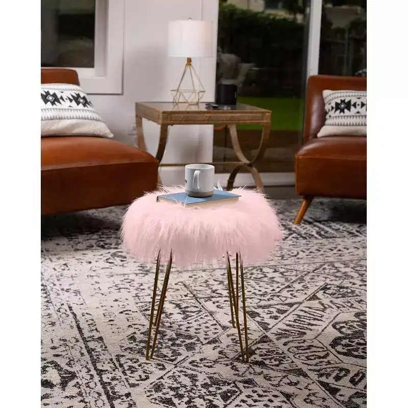 Round Faux Fur Foot Stool Ottoman - Pink with Pale Gold Legs