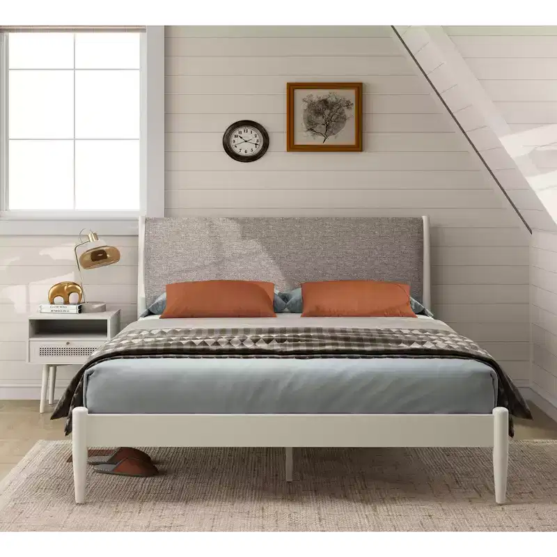 Roundhill Furniture Feeney 2-Piece Bedroom Set, Platform Bed with Nightstand, Cream White, Queen