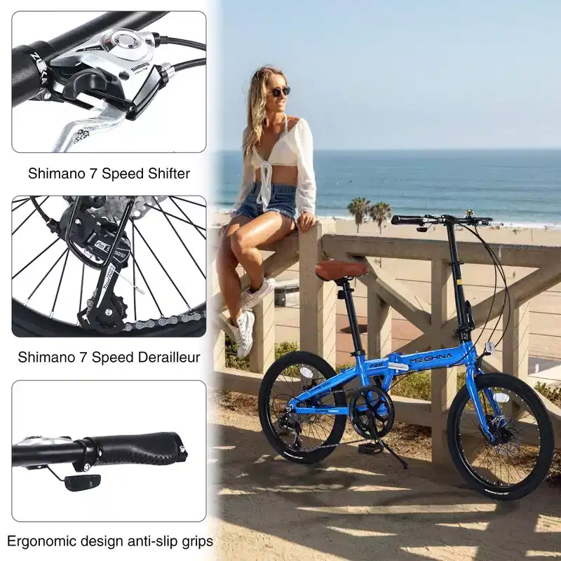 NAYSAYE 20 Inch Folding City Bike Lightweight Aluminum Frame 7 Speed for Commuting and Travel, Blue, 57.09*24.8*39.37
