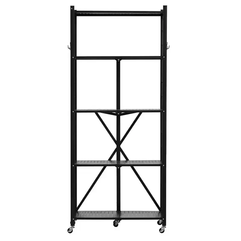 5-Tier Foldable Storage Shelf with Wheels, 28x13x66-Inch Metal Shelving Unit