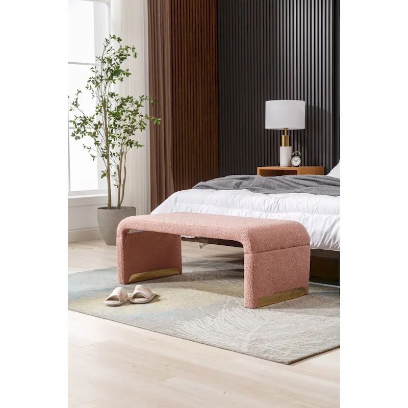 New Boucle Fabric Ottoman Footstool Bedroom Bench Shoe Bench With Gold Metal Legs