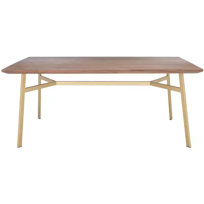 Rectangle Dining Table Walnut/Gold - Acacia Wood Top, Brass Trestle Base, Seats 2