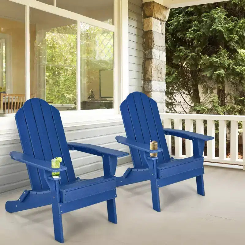 Costway Folding Patio Adirondack Chair Weather Resistant Cup Holder Yard Navy