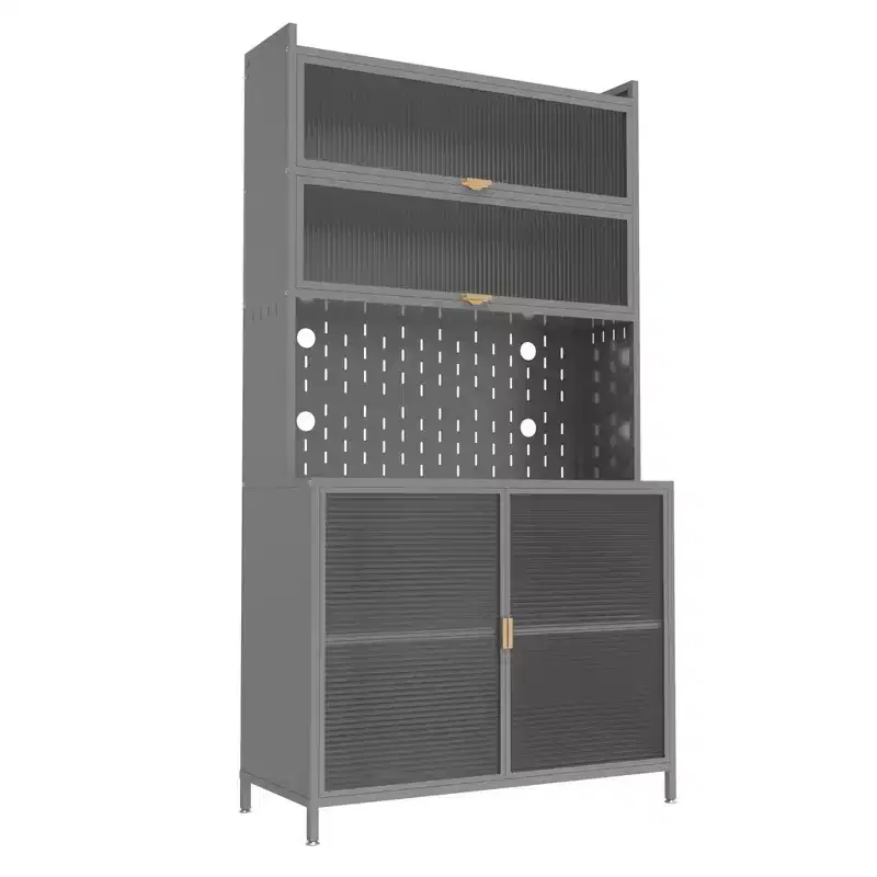 Tall kitchen food cabinet with 6-layer flip-top doors, pegboard, spacious, adjustable, and stylish metal food storage cabinet
