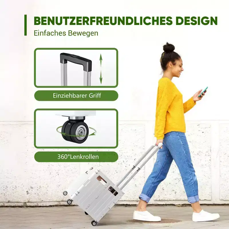 65 L White Foldable Utility Shopping Cart with Adjustable Handle and Swivel Wheels Portable Rolling Cart for Groceries Laundry and Travel