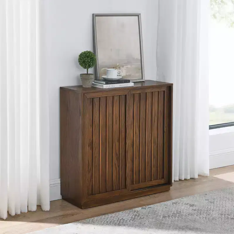 Mid-Century Modern Sideboard with 2 Sliding Doors, Solid Wood Accents, Brown