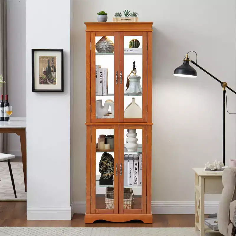 Lighted Glass Curio Display Cabinet with Wood Frame - Glass Storage for Wine, Toys & Collectibles - Living Room, Kitchen