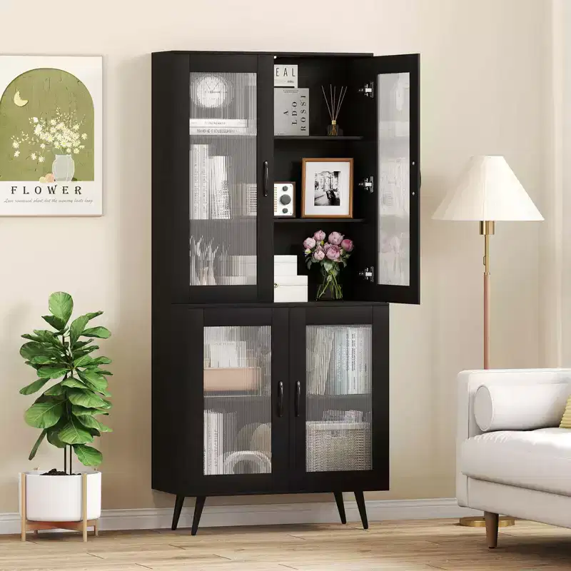 Kitchen Pantry Cabinet with Translucent Fluted Doors & Adjustable Shelf
