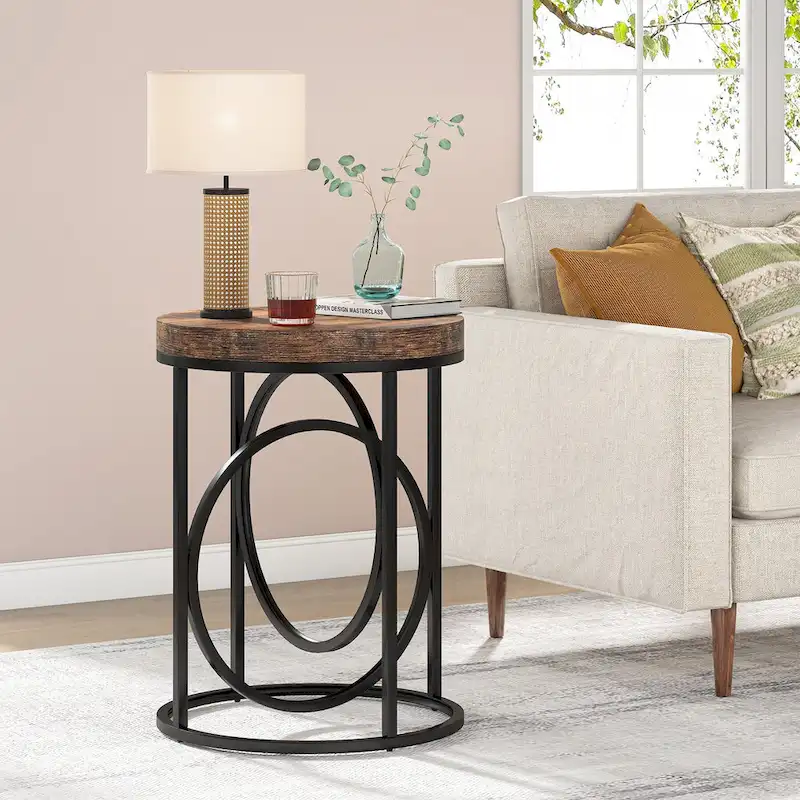 Modern Round Side End Table for Living Room, Tall Narrow Nightstand for Bedroom