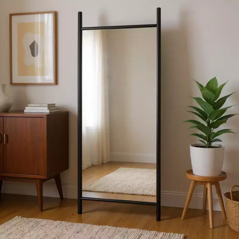 HomeRoots 71 Black Solid Wood Ladder Leaning Framed Full Length Mirror