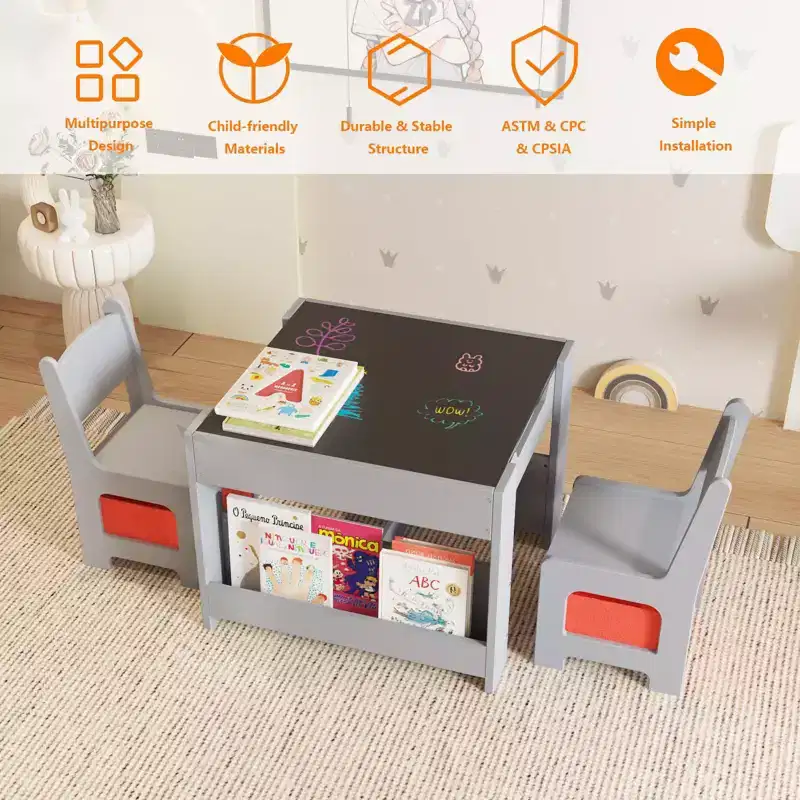 GustoWave Kids Art Table and Chair Set,3 in 1 Activity Table with 2 Chairs, Toddlers Craft Table Art Desk for Home Daycare Playroom