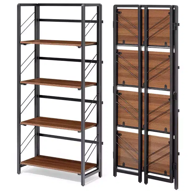 4/5-Tier Folding Shelf - No-Assembly Space-Saving Industrial Bookshelf for Home Office