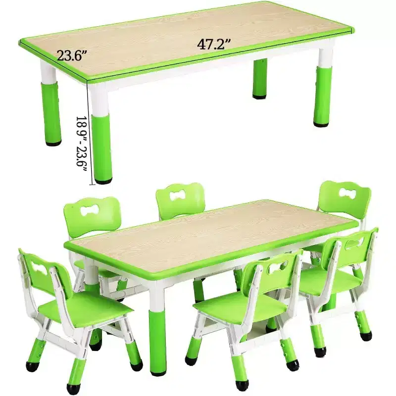 Kids Table and 6 Chairs Set, Height Adjustable Toddler Table and 6 Chair Set for Ages 2-10 for for Crafts and Study, Graffiti Desktop, Non-Slip Legs