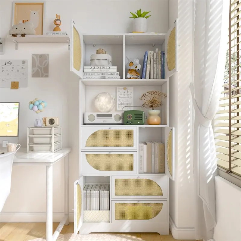 Storage Cabinet with Rattan Doors,Tall Freestanding Hutch Cabinet