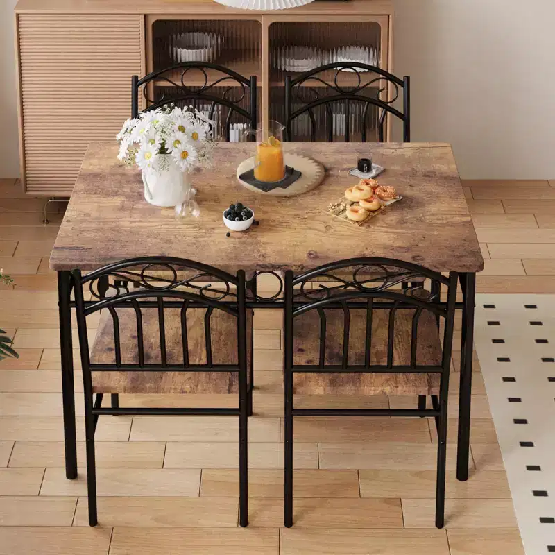 Retro Industrial Dining Table & Chairs, Wood Table Chairs for Small Space, 1 Table + 4 Chairs (Rustic Brown)