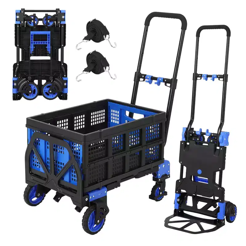 Foldable Hand Truck Dolly, 2-in-1 Convertible Collapsible Cart W/ Foldable Basket & Retractable Handle, Portable for Warehouse, Grocery Shopping