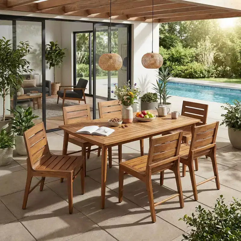 Christopher Knight Home Lorenzo Modern 7 Piece Acacia Wood Dining Table Set with Slatted Design