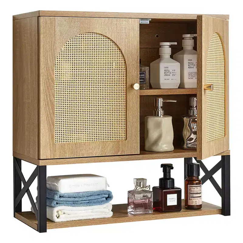 Bathroom Wall Cabinet with 2 Doors and Adjustable Shelf, Over-Toilet Storage Medicine Cabinet — Brown