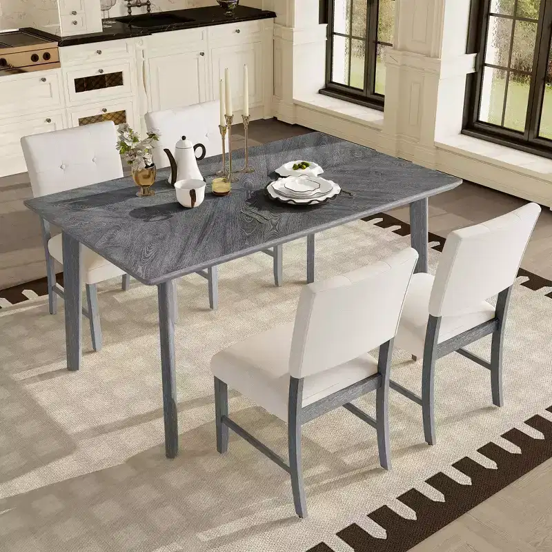 5 Piece Dining Table Set, Rustic Farmhouse Kitchen Table & 4 Upholstered Chairs - ModernLuxe