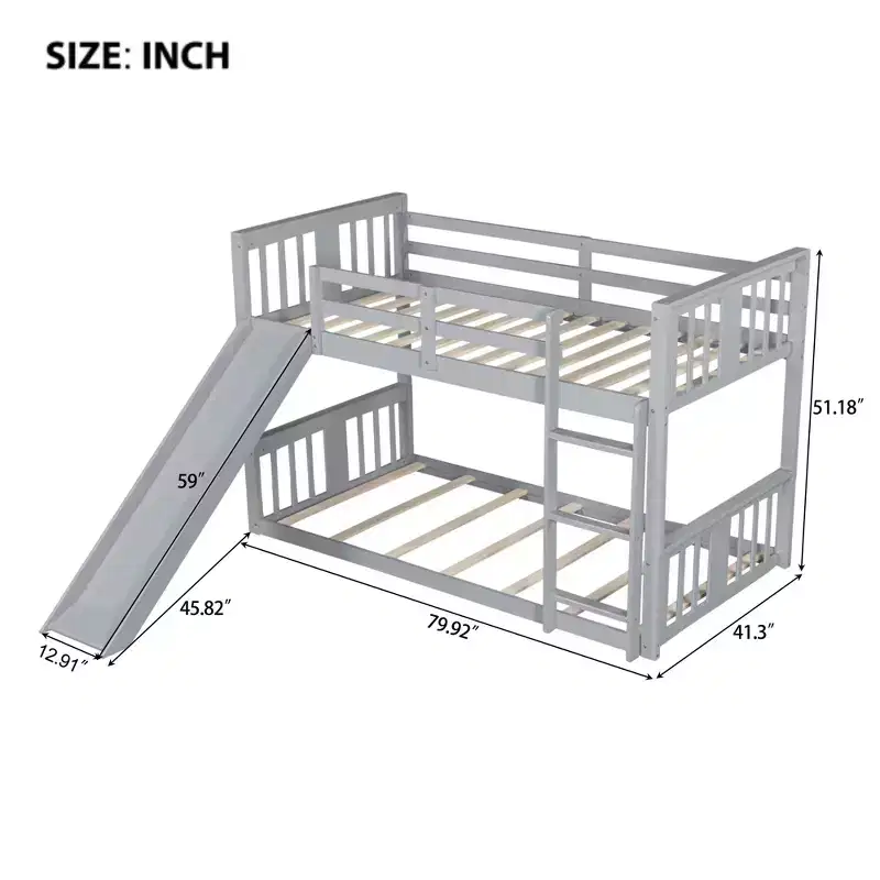 Floor Bunk Bed Kids Bunk Beds with Guardrail Headboard and Footboard, Low Bunk Beds for Kids, Boys and Girls, Gray