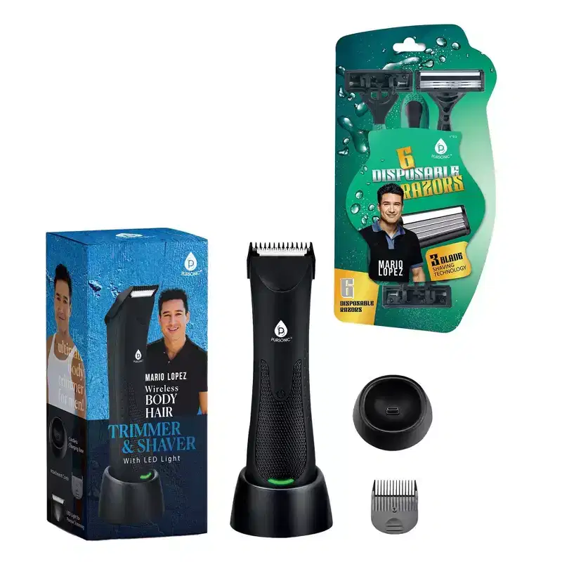 Pursonic - Mario Lopez Wireless Body Hair Trimmer & Shaver and Mario Lopez Disposable Razors - 3 Blade Shaving Surface Technology