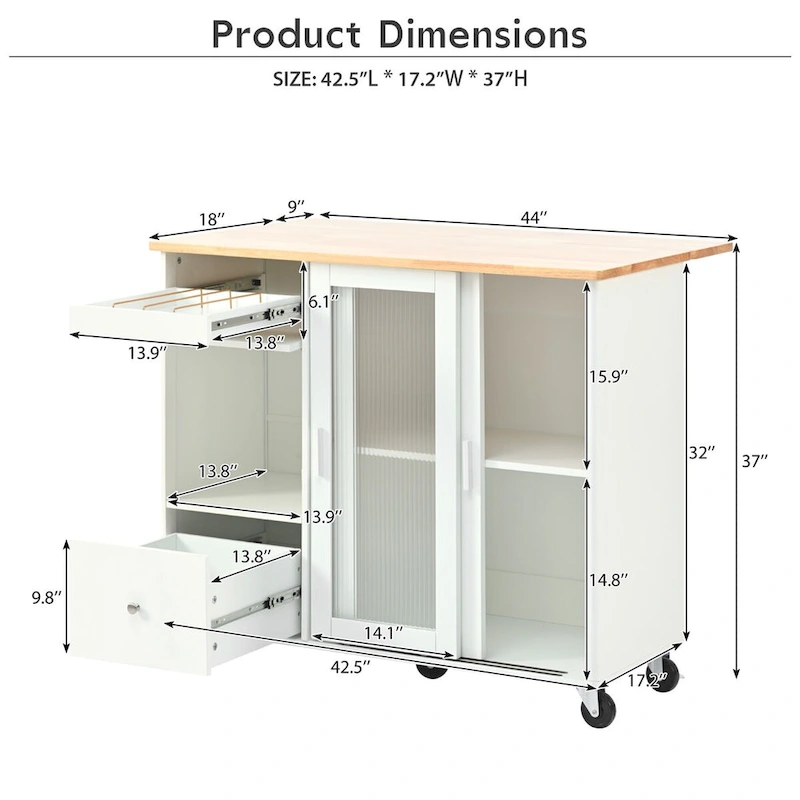 44 in. W Kitchen Island Rubber Wood Drop-Leaf Countertop on 5 Wheels with an Adjustable Shelf and 2 Drawers - 44