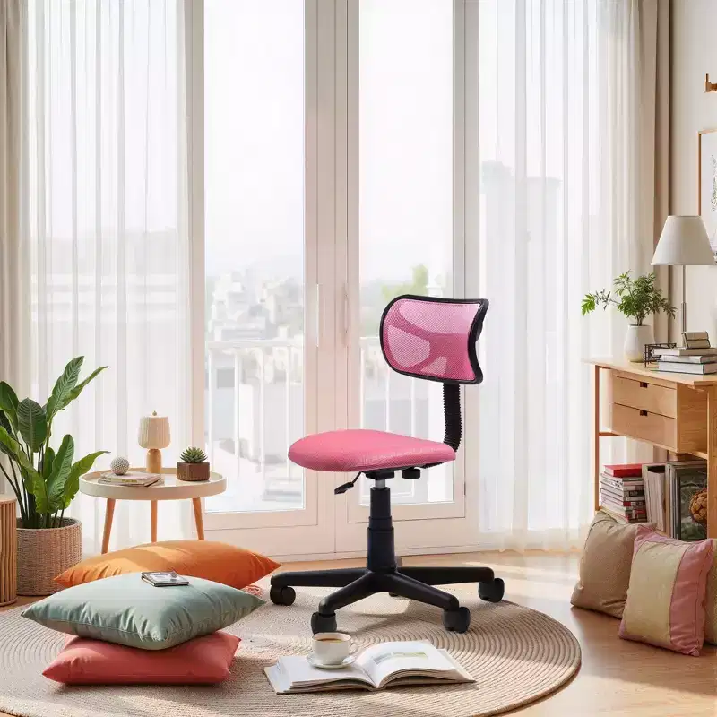 FurnituureR Desk Chair Low-Back, Mesh Study Task Chair Armless Ergonomic Swivel Adjustable Rolling Seating for Home Office Bedroom Study, Pink