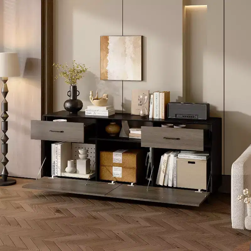 2-Door TV Stand with Flip Door Design, Gray, Modern Style