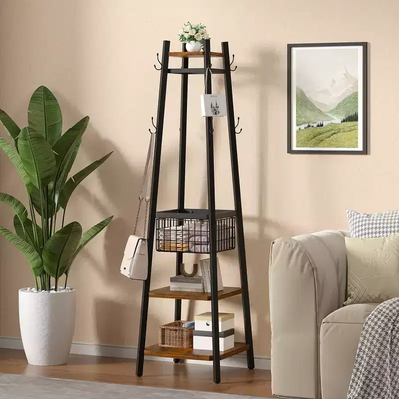 Freestanding Industrial Coat Rack with Metal Basket, 2 Shelves & 8 Dual Hooks Entryway Hall Tree for Hats, Bags, and Scarves